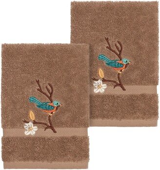 Authentic Hotel and Spa Turkish Cotton Blue Bird Embroidered Latte Brown 2-piece Washcloth Set