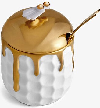 Beehive Porcelain and 24ct Gold-plated Honeypot With Spoon 13cm