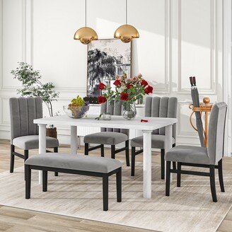 GEROJO White+Gray Elegant 6-Piece Marble Veneer Dining Table Set with Chairs & Bench