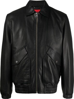 Logo-Embossed Leather Bomber Jacket-AA