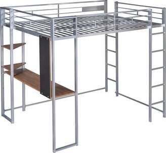 IGEMAN Silver Full Metal Loft Bed with 1 Desk and 2 Shelves, 79.5''L*57''W*71.6''H, 108LBS