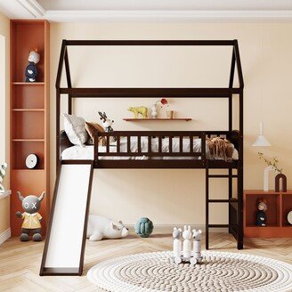 GREATPLANINC Twin House Loft Bed with Slide & Ladder, Solid Wood Bed Frame for Kids