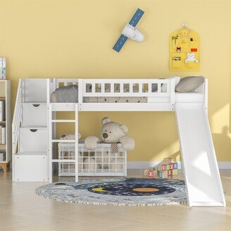 Stairway Twin Size Loft Bed with Slide and Two Drawers