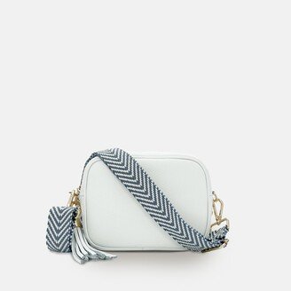 Apatchy London White Leather Crossbody Bag With Denim Blue Chevron Strap