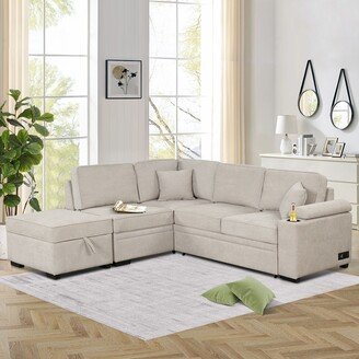 EDWINRAY 87.4 L Shape Sleeper Sectional Sofa, 2 in 1 Pull Out Sofa Bed Couch w/Storage Ottoman for Living Room and Small Apartment,Beige