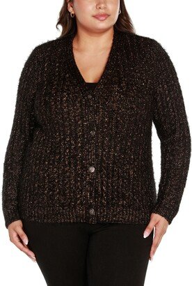 Black Label Plus Size Lurex Eyelash Cardigan Sweater - Black, Copper