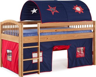 Addison Cinnamon Finish Wood Junior Loft Bed; Blue Tent And Playhouse With Red Trim
