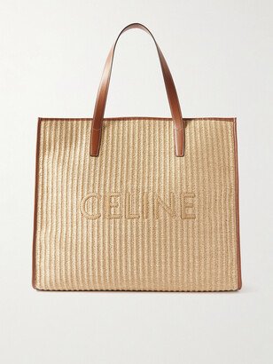 Logo-Embroidered Leather-Trimmed Raffia Tote Bag