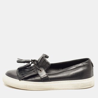 Black Leather Fringe Slip On Sneakers Size 41.5