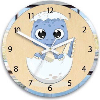 Children Wall Clock - Dino Egg With Personalizen Name, Wood, Large Kids Clock Room Wall Art Frame Mirror