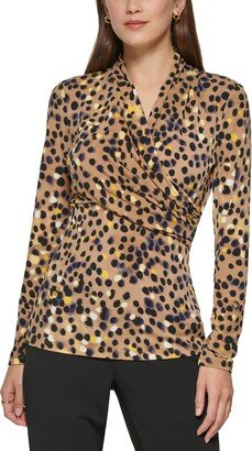 Petites Womens Faux Wrap Print Pullover Top