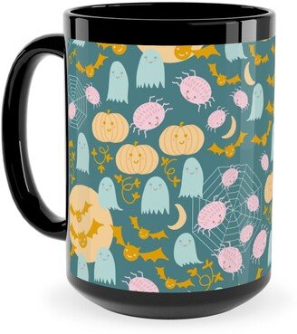 Mugs: Cute Pastel Halloween Scene In Candy Colors - Pumpkin Ghost Spider Web Bat - Multi Ceramic Mug, Black, 15Oz, Multicolor