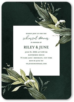 Rehearsal Dinner Invitations: Forever Greenery Rehearsal Dinner Invitation, Green, 5X7, Pearl Shimmer Cardstock, Rounded