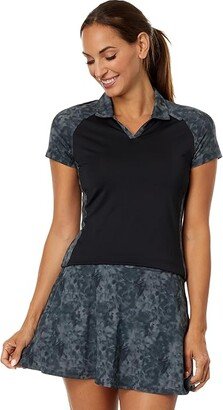 Printed Polo Shirt (Black) Women's Clothing