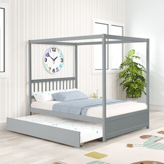 Aoolive Full Size Canopy Bed Frame with Twin Trundle for Kids Teens Bedroom