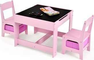 3 in 1 Kids Wood Table Chairs Set w/ Storage Box Blackboard Drawing Pink