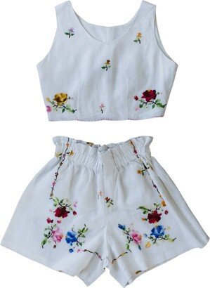 Sugar Cream Vintage Vintage Embroidery Rose Linen Summer Crop Top & Shorts Set