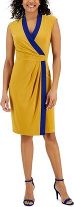 Women's Colorblocked Cap-Sleeve Faux-Wrap Dress Gold/royal Blue