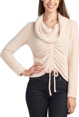 Juniors' Shirred-Front Fuzzy Cowlneck Sweater