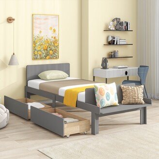 Joliwing Twin Size Kid Bed,Wood Platform Bed with Footboard Bench and Storage Drawers,Grey