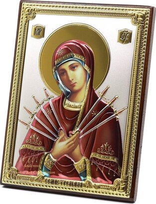 Christian Wooden Russian Orthodox Icon Mother Of God Seven Arrows. Silver Plated .999 Oklad Riza | 5.12