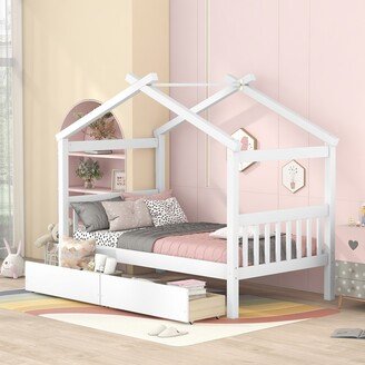 EDWINRAY Twin Imaginative House Daybed with Headboard for Kids Girls Boys, Wood Storage Platform Bedframe with 2 Drawers & Sky Roof,White