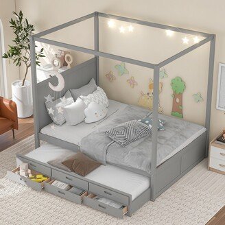 Calnod Queen Size Canopy Platform Bed, Bedroom Bedframe Furniture with Twin Size Trundle and 3 Storage Drawers for Kids, Teens, Adults
