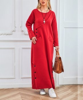 Red Button-Accent Pocket Pullover Maxi Dress - Women & Plus
