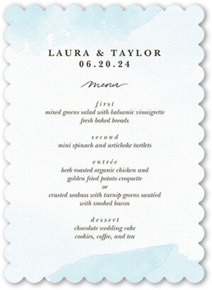 Wedding Menu Cards: Soft Blush Wedding Menu, Blue, 5X7 Flat Menu, Pearl Shimmer Cardstock, Scallop