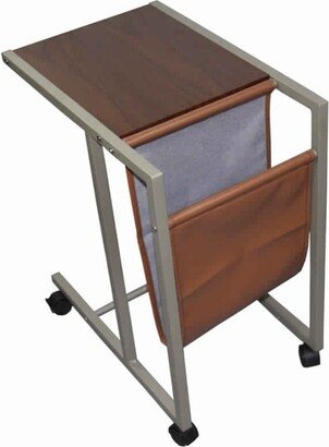 Fabric and Metal Laptop Cart with Wooden Top, Gray and Brown