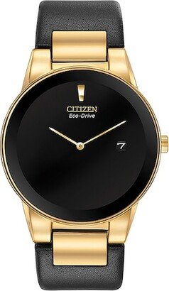 Men's Citizen Eco-Drive® Axiom Gold-Tone Black Leather Strap Watch with Black Dial (Model: Au1062-05E)