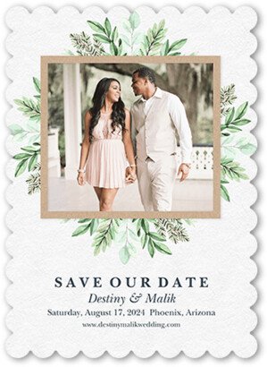 Save The Date Cards: Framed With Greenery Save The Date, Gray, 5X7, Signature Smooth Cardstock, Scallop