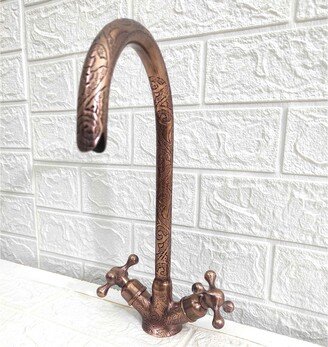 Copper Goosneck Faucet With Engraved Finish, Single Hole Kitchen Bathroom