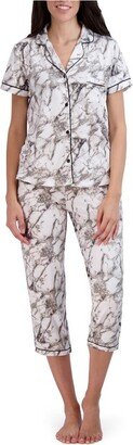 Women's Short Sleeve Notch Collar Top and Pants Pajamas 2-Piece Set