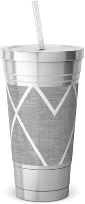 Travel Mugs: Geometric Grid - Gray Stainless Tumbler With Straw, 18Oz, Gray