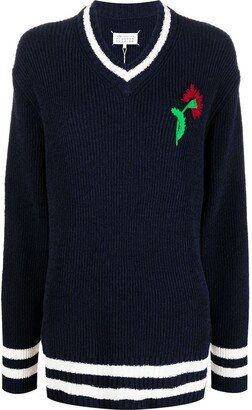 floral-embroidered V-neck jumper