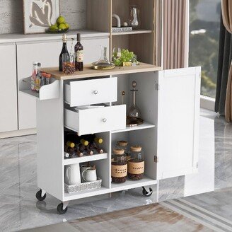 Rubberwood Countertop Kitchen Island, 4 Wheels Kitchen Trolley with Spice Rack, Towel Rack and 2 Drawers,White