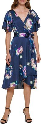 Womens Floral Midi Wrap Dress