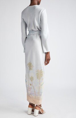 Dancer Print Draped Long Sleeve Silk Dress