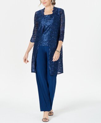 Petite 3-Pc. Sequined-Lace Jacket, Top & Pants