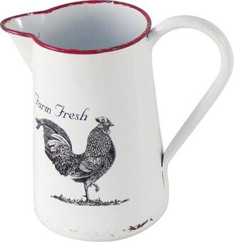Red Rim White Enamel With Screen Printed Rooster Decorative Pitcher