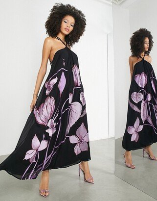 halter trapeze midi dress with trailing tulip embroidery in black