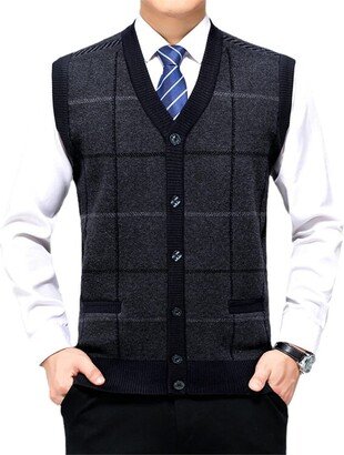 Youllyuu Men Woolen Vest Buttons Down Knit Sleeveless Cardigan Jacket Pockets Thick Plaids Pullover Black XXL