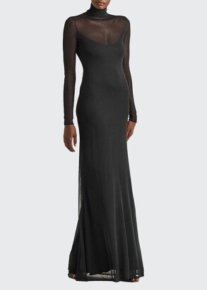 Long-Sleeve Turtleneck Illusion Gown