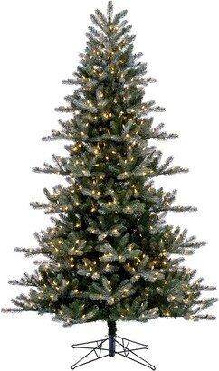 7.5' x 56 Frosted Danbury Spruce Artificial Pre-Lit Christmas Tree, Warm White Lights. In a 21Lx21Wx7H base.