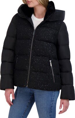 Faux Fur Lined Collar Hooded Sequin Puffer Jacket