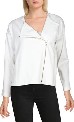 Petites Womens Asymmetric Zip Round Neck Full Zip Sweater