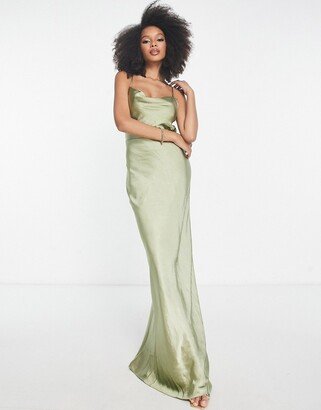 Pretty Lavish Bridesmaid Keisha cowl neck satin maxi dress in soft olive