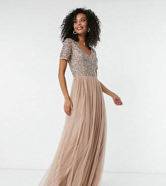 Maya Tall Bridesmaid short sleeve maxi tulle dress with tonal delicate sequins in muted blush