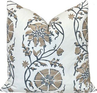 Tan Grey Suzani Floral Pillow Cover | Boheme Vine in Cement Robert Allen/Duralee Designer Throw Pillows Decorative